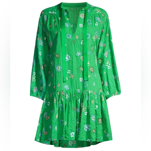 ❗️Tanya Taylor OLIANA FLORAL-EMBROIDERED SEERSUCKER MINIDRESS FLORAL KELLY GREEN - Picture 2 of 11